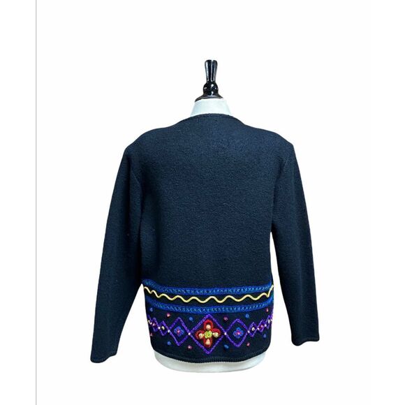 Doncaster Sport Vintage Black Embroidered Wool Cardigan Sweater - Picture 3 of 5